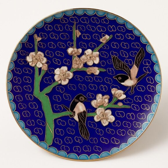Vintage Cloisonné Chinese Decorative Plate With Birds & Floral Design - Picture 1 of 5